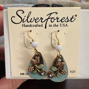 Silver Forest Dangle Earrings Flower Butterfly Teal NEW